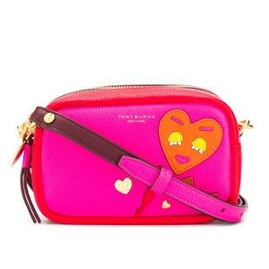 Tory Burch Perry Patchwork Hearts Mini Bag in pink and red pebbled leather